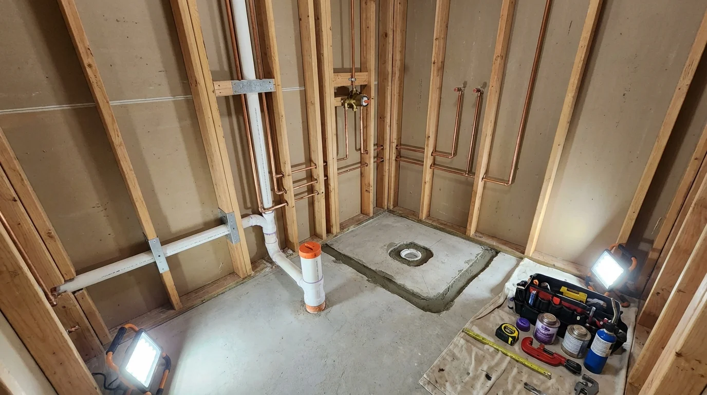 Bathroom rough-in plumbing during remodel by Johns Plumbing LLC in Sonoma