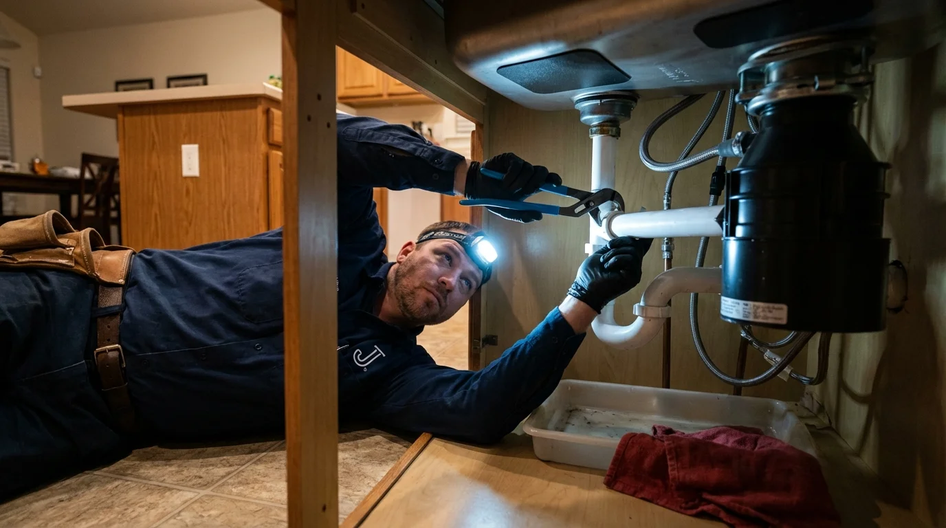 P-trap and supply line connections under a kitchen sink showing a common leak point in Sonoma, CA